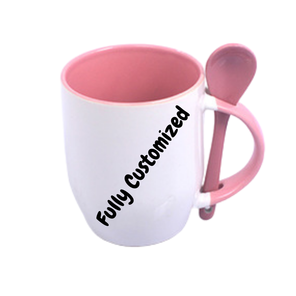 Fully Customized Mug with Spoon - White and Pink Colour